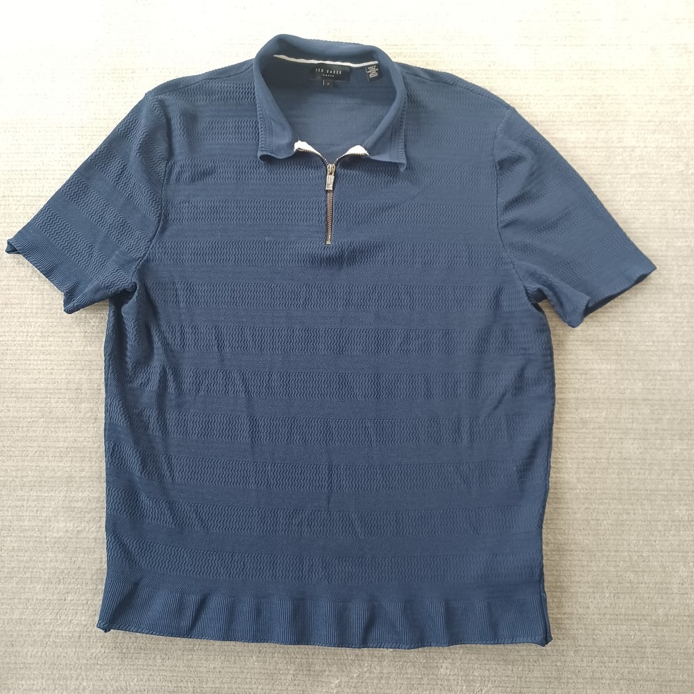 Ted Baker Stree Textured Zip Polo Shirt Men 4 Blue Slim Fit Stretch Lightweight